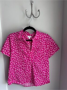 J. Crew Hot Pink Short-Sleeve Button Down Shirt with White Floral Print